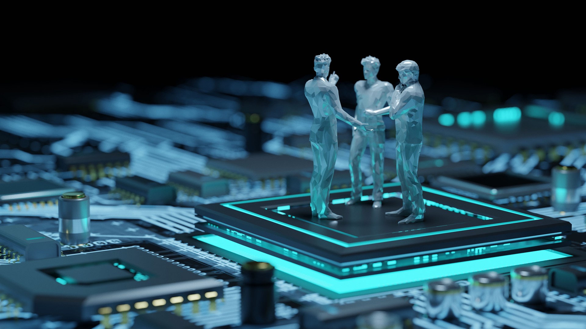 Group of three abstract geometric people on the main cpu processor of motherboard. Creative conceptual illustration  of teamwork, technology concept